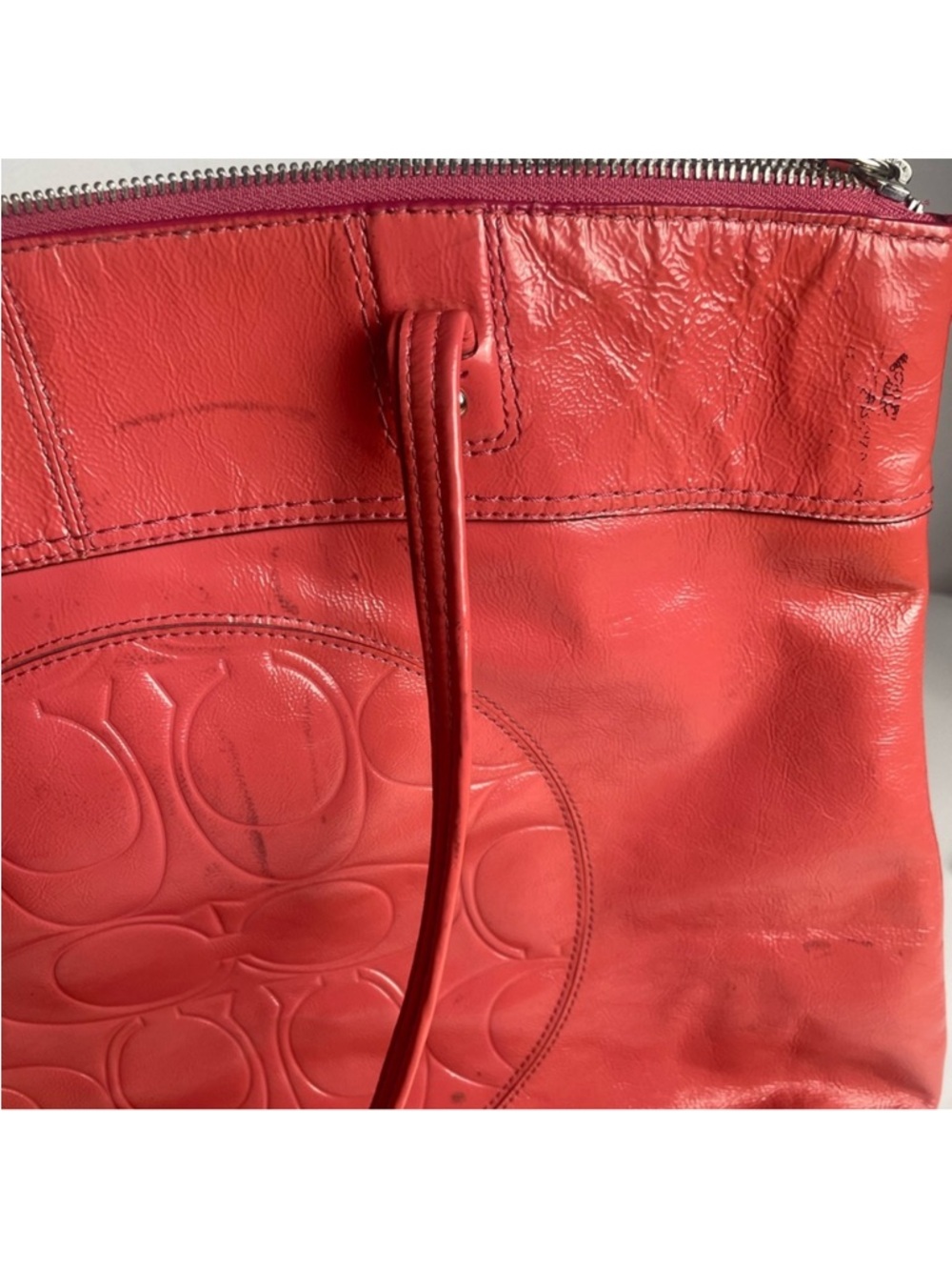Coach Red Leather Embossed Logo Tote - Picture 9 of 14